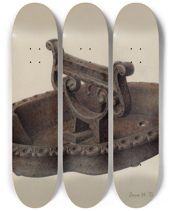 Triptych art skateboard deck of John H Tercuzzi Foot Scraper And Tray by John H Tercuzzi