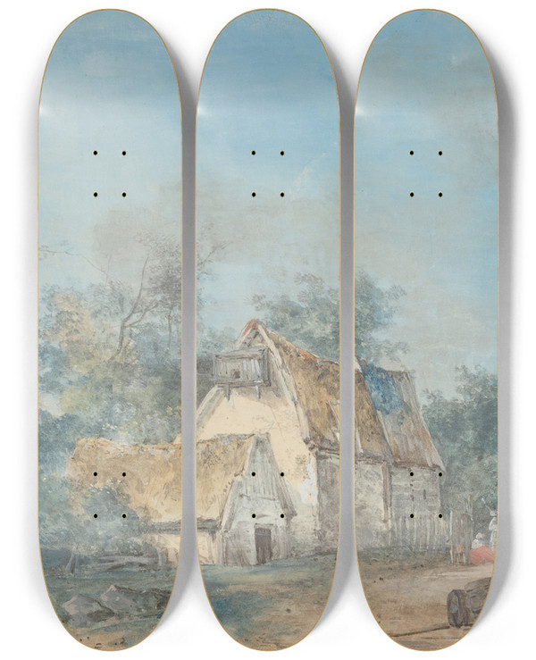 Triptych art skateboard deck of Louis Gabriel Moreau Landscape_3 by Louis Gabriel Moreau (1740-1806)