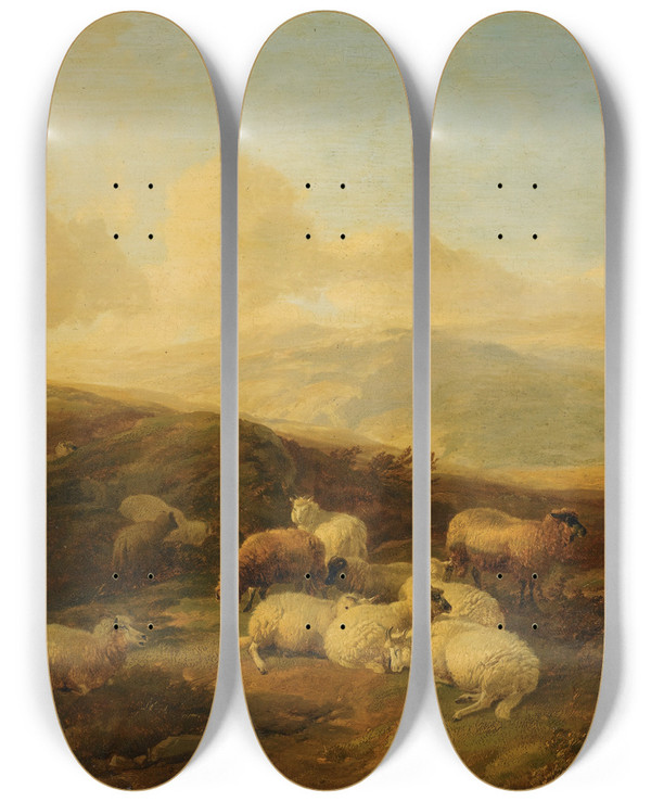 Triptych art skateboard deck of Thomas Sidney Cooper Sheep In A Moorland Landscape by Thomas Sidney Cooper (1803-1902)