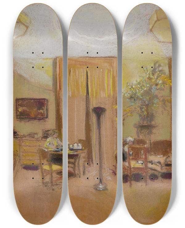 Triptych art skateboard deck of Douard Vuillard Lucy Hessel And Lulu In The Large Drawingroom At Les Clayes by douard Vuillard (1868-1940)