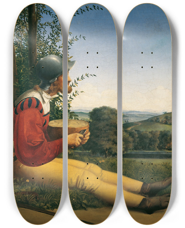 Triptych art skateboard deck of Moritz Von Schwind Der Brotschneider by Moritz Von Schwind (1804-1871)