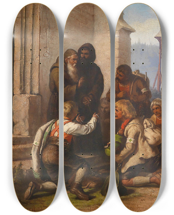 Triptych art skateboard deck of Alois Schnn Tiroler Wallfahrer by Alois Schonn (1826-1897)