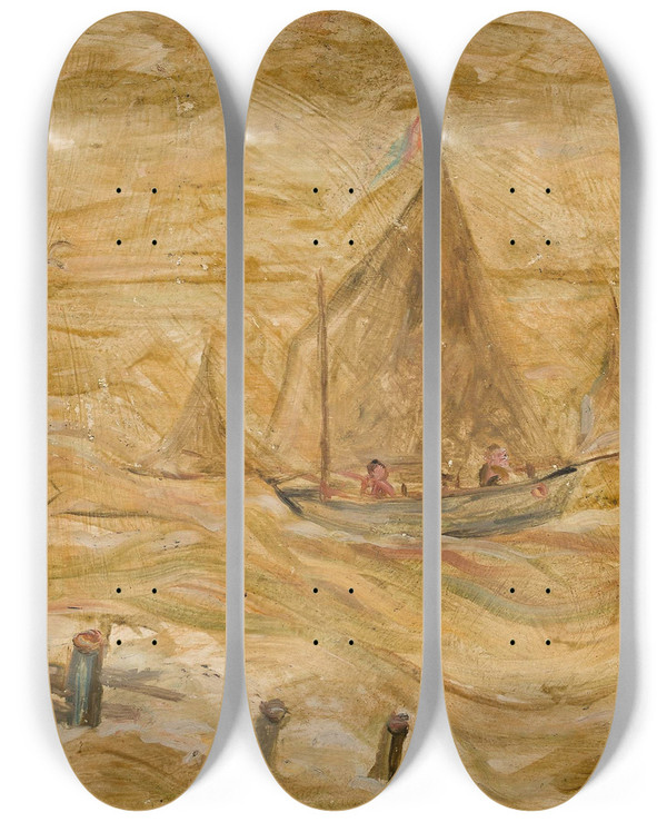 Triptych art skateboard deck of Tadeusz Makowski Sailing Boat On A Sea by Tadeusz Makowski (1882-1932)