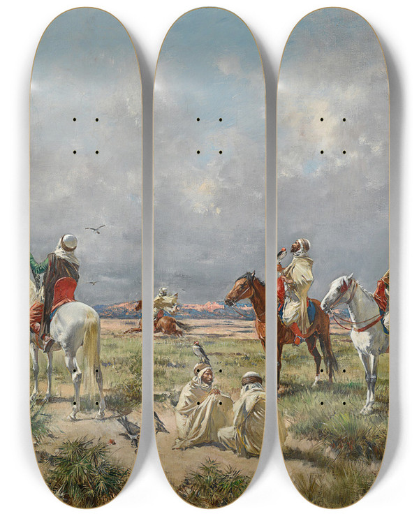 Triptych art skateboard deck of Victor Huguet The Falconers_2 by Victor Huguet (1835-1902)