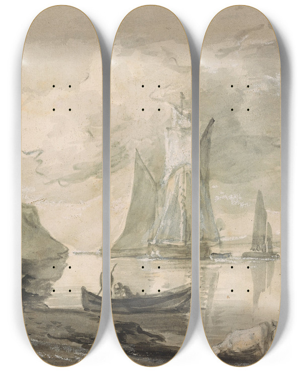 Triptych art skateboard deck of Thomas Gainsborough Coastal Scene With Shipping Figures And Cows by Thomas Gainsborough (1727-1788)