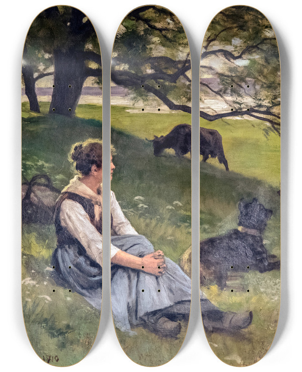 Triptych art skateboard deck of Edouard Bernard Debatponsan The Cowherd by Edouard Bernard Debat-Ponsan (1847-1913)