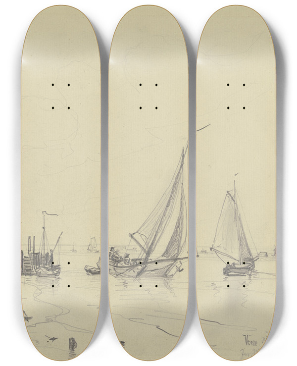 Triptych art skateboard deck of Friedrich Ernst Morgenstern Hafen In Veere Auf Walcheren by Friedrich Ernst Morgenstern (1853-1919)