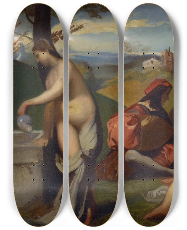 Triptych art skateboard deck of Barthlemy Menn The Pastoral Concert by Barthelemy Menn (1815-1893)