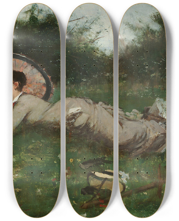 Triptych art skateboard deck of Anna Nordgren A Girl In A Meadow by Anna Nordgren (1847-1916)