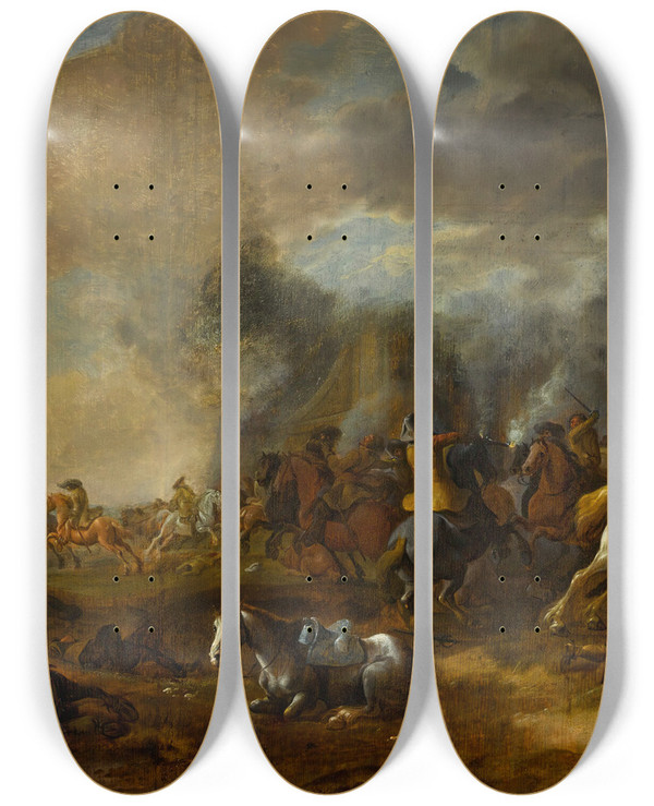 Triptych art skateboard deck of Jan Jacobsz Van Der Stoffe A Cavalry Skirmish by Jan Jacobsz. van der Stoffe (1611-1682)