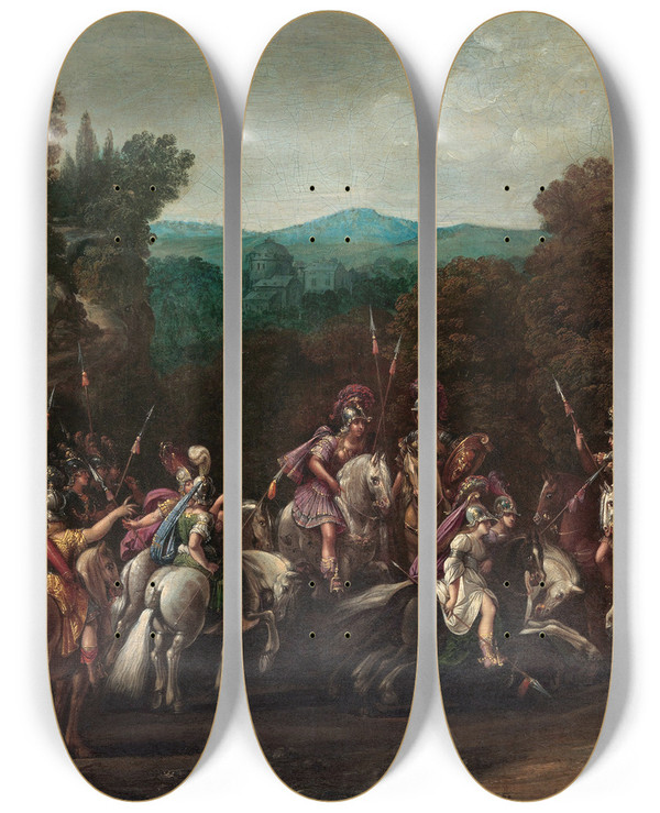 Triptych art skateboard deck of Claude Druet Departure Of The Amazons by Claude Deruet (1588-1660)