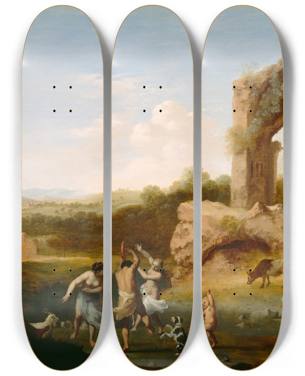 Triptych art skateboard deck of Cornelis Van Poelenburch Figures Dancing Near A Ruin by Cornelis Van Poelenburch (1594-1667)