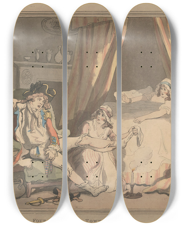 Triptych art skateboard deck of Thomas Rowlandson Four Oclock In Town by Thomas Rowlandson (1756-1827)