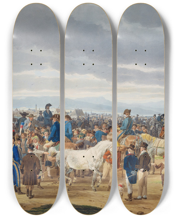 Triptych art skateboard deck of Wilhelm Von Kobell Horse Market by Wilhelm von Kobell (1766-1853)