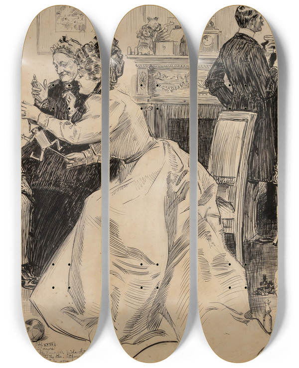 Triptych art skateboard deck of Charles Dana Gibson The Education Of Mr Pipp_1 by Charles Dana Gibson (1867-1944)