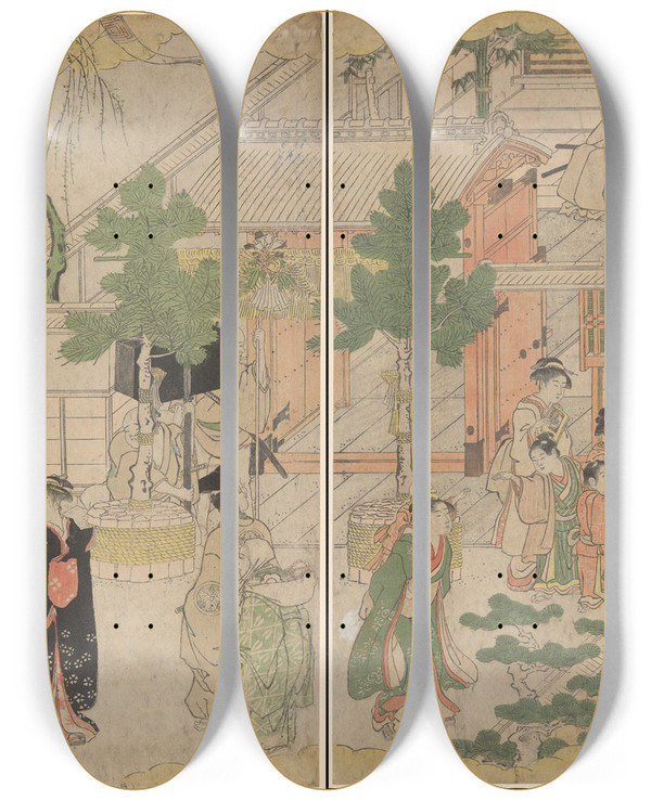 Triptych art skateboard deck of Torii Kiyonaga New Years Morning by Torii Kiyonaga (1752-1815)