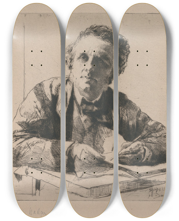 Triptych art skateboard deck of Francis Seymour Haden Portrait Of Francis Seymour Haden No 2 While Etching by Francis Seymour Haden (1818-1910)