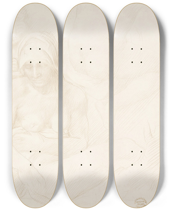 Triptych art skateboard deck of Alphonse Legros Figures From The Deluge Of Michelangelo by Alphonse Legros (1837-1911)