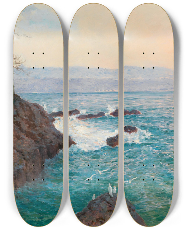 Triptych art skateboard deck of Alfred Zoff A View Of The Nervi Coast by Alfred Zoff (1852-1927)