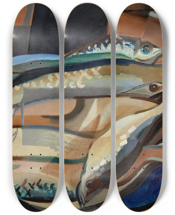 Triptych art skateboard deck of Youla Chapoval Nature Morte Aux Poissons by Youla Chapoval