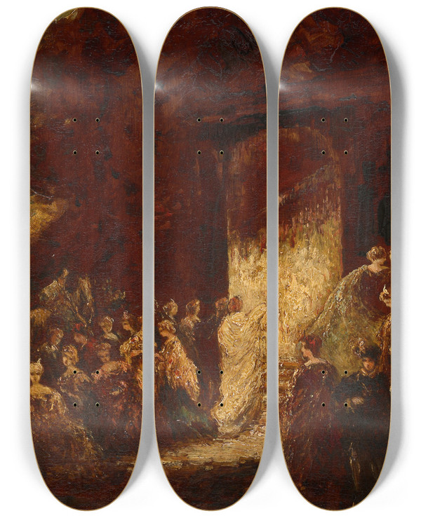 Triptych art skateboard deck of Adolphe Monticelli Fte Daprsmidi by Adolphe Monticelli (1824-1886)