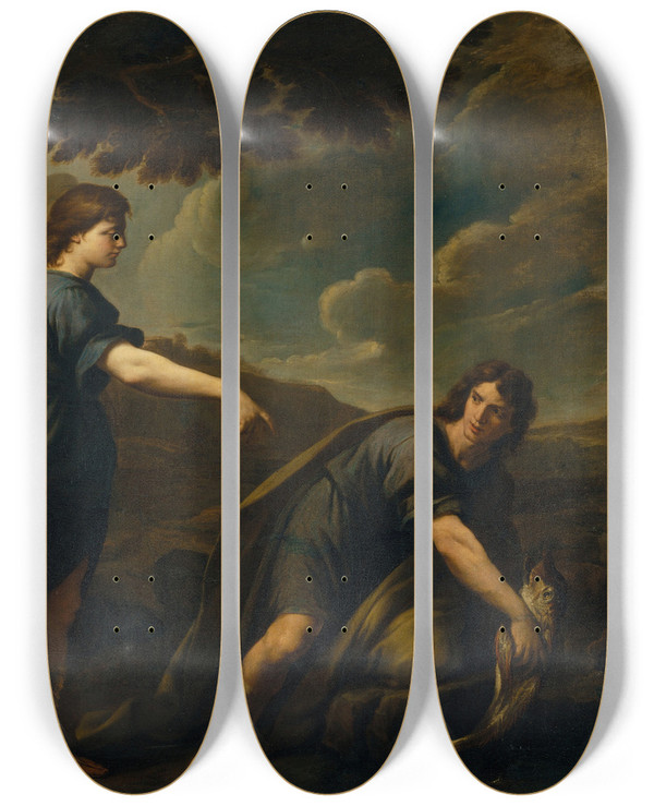Triptych art skateboard deck of Andrea Vaccaro Tobias And The Fish by Andrea Vaccaro (1604-1670)