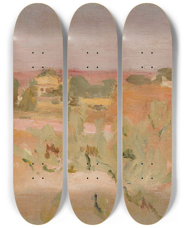 Triptych art skateboard deck of Jan Cigliski Pink Landscape With Cactuses From The Journey To India by Jan Ciaglinski (1858-1913)