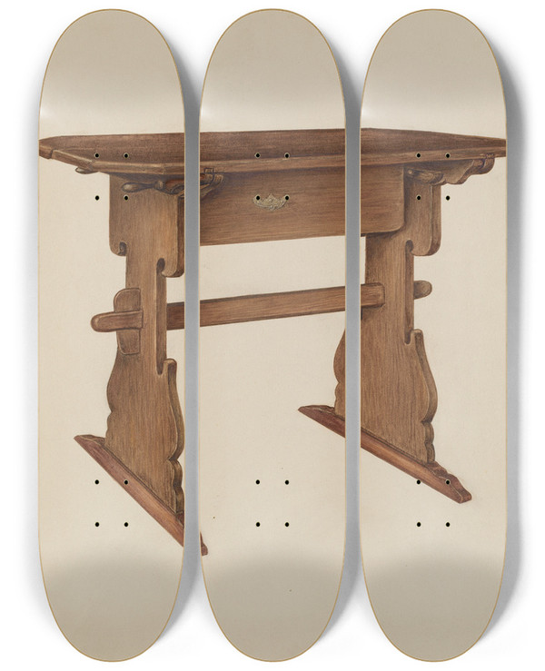 Triptych art skateboard deck of Charles Henning Trestle Table by Charles Henning