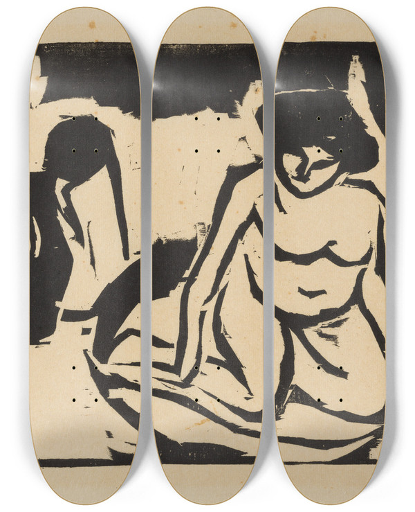 Triptych art skateboard deck of Ernst Ludwig Kirchner Nude Girl In The Bath by Ernst Ludwig Kirchner (1880-1938)