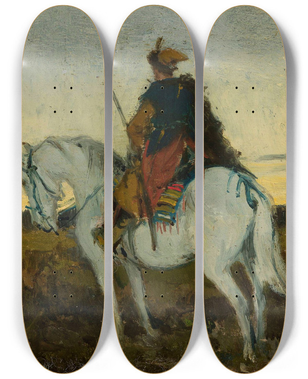 Triptych art skateboard deck of Jan Chemiski Oriental Rider On A White Horse by Jan Chelminski (1851-1925)