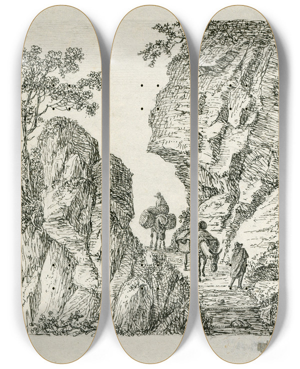 Triptych art skateboard deck of Otto Howen Reizigers Op Een Bergpad by Otto Howen (1774-1848)