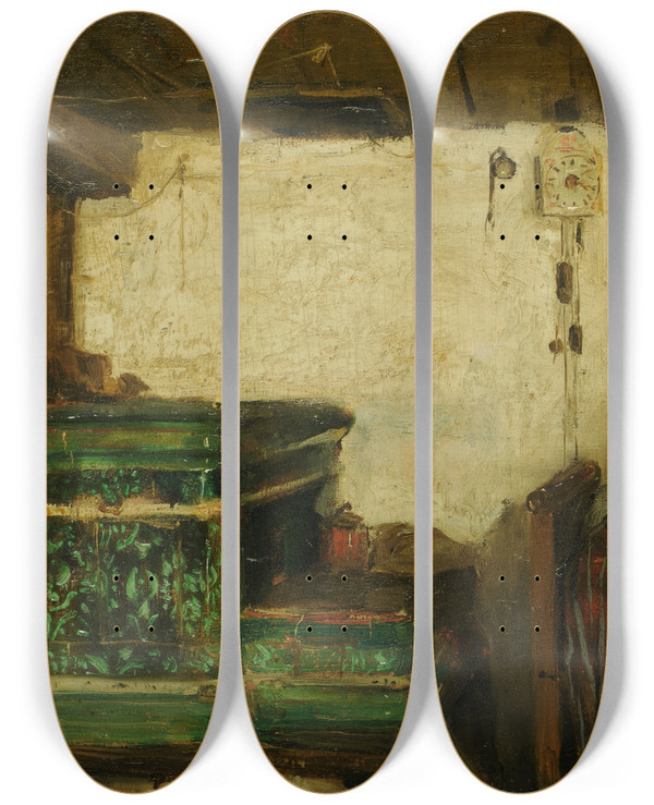 Triptych art skateboard deck of Albert Anker Corner Of A Room With Tiled Stove by Albert Anker (1831-1910)