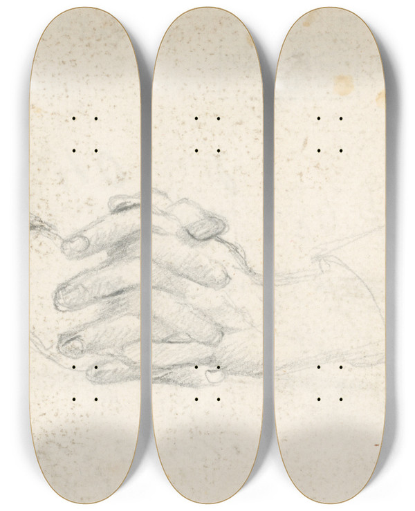 Triptych art skateboard deck of Gustv Mall Study Of Clasped Hands by Gustav Mally (1879-1952)