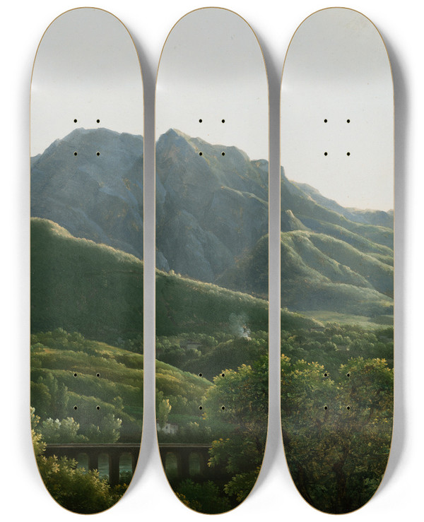 Triptych art skateboard deck of Jeanjosephxavier Bidauld View Of Bridge And The Town Of Cava Kingdom Of Naples by Jean Joseph Xavier Bidauld (1758-1846)