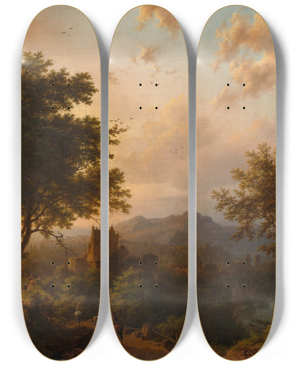 Triptych art skateboard deck of Barend Cornelis Koekkoek Sunset On The Rhine by Barend Cornelis Koekkoek (1803-1862)