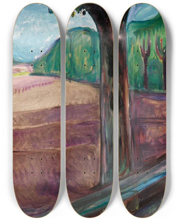 Triptych art skateboard deck of Edvard Munch Sommernatt Summer Night by Edvard Munch (1863-1944)