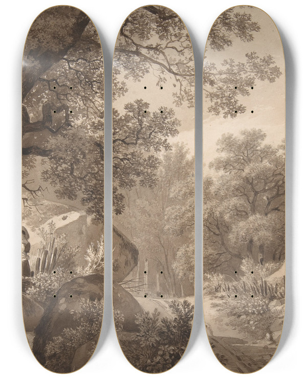 Triptych art skateboard deck of Wolfgang Adam Tpffer Landscape With A Young Girl At A Waterfall by Wolfgang Adam Topffer (1766-1847)