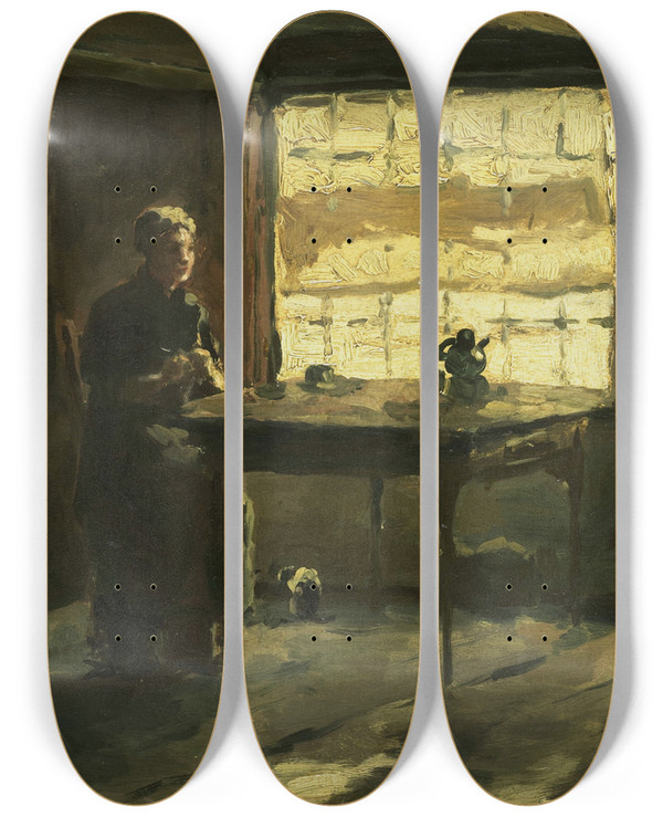 Triptych art skateboard deck of Johan Hendrik Weissenbruch Boereninterieur by Johan Hendrik Weissenbruch (1824-1903)