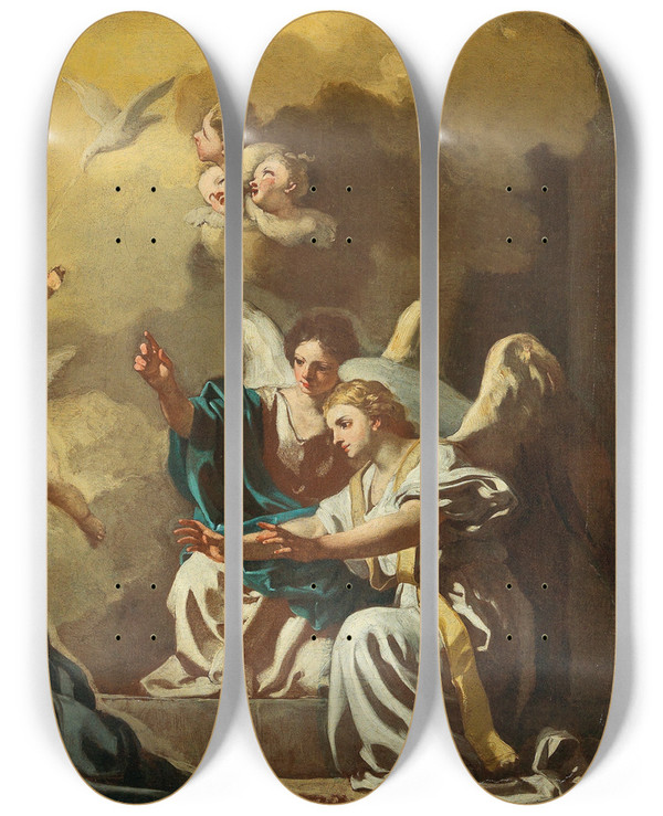 Triptych art skateboard deck of Francesco Solimena Saint Philip Neri Receiving The Holy Spirit In The Catacombs Of Saint Sebastian by Francesco Solimena (1657-1747)
