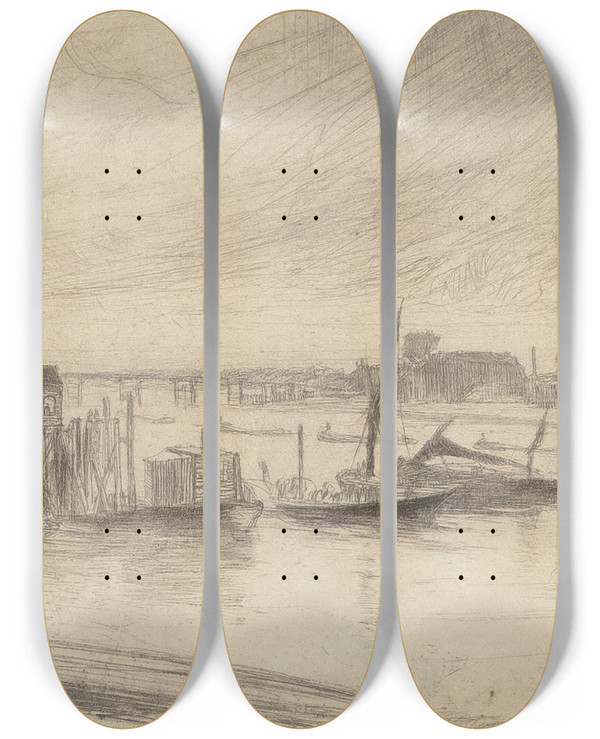 Triptych art skateboard deck of James Abbott Mcneill Whistler Early Morning Battersea Kennedy 75 by James Abbott Mcneill Whistler (1834-1903)