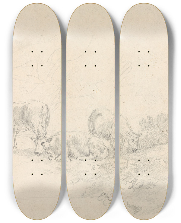 Triptych art skateboard deck of Sawrey Gilpin Three Sheep_2 by Sawrey Gilpin (1733-1807)