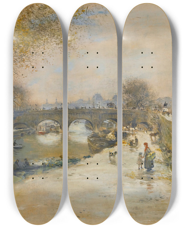 Triptych art skateboard deck of Jean Franois Raffalli Le Quai Devant Le Pont Neuf by Jean Francois Raffaelli (1850-1924)