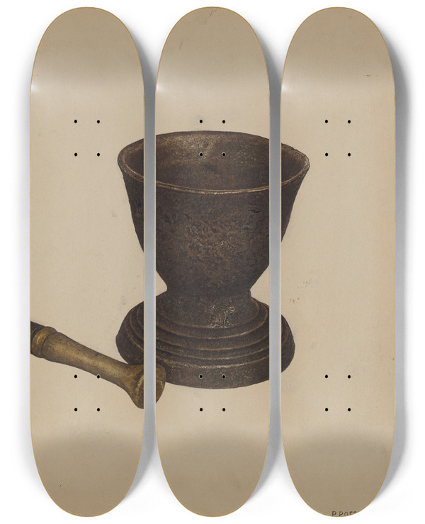 Triptych art skateboard deck of Paul Poffinbarger Mortar And Pestle by Paul Poffinbarger