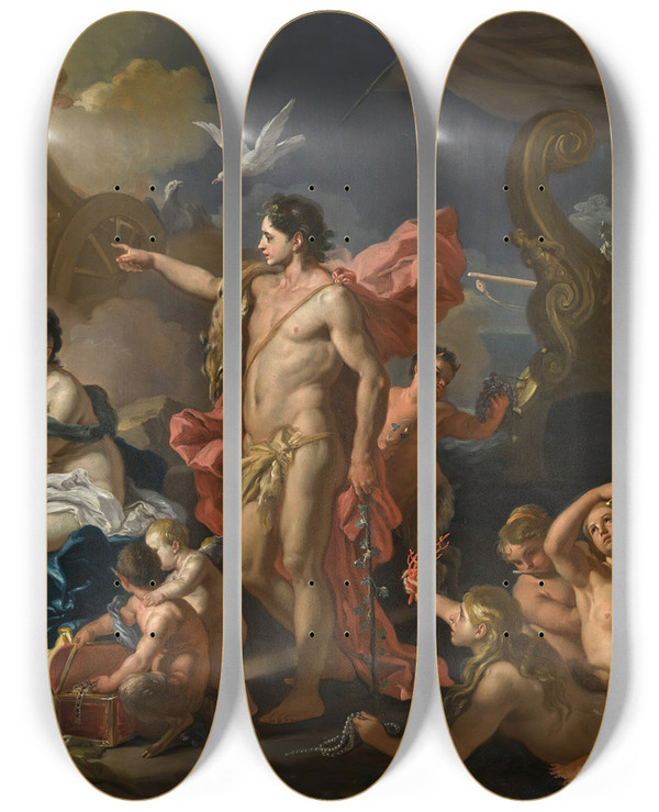 Triptych art skateboard deck of Francesco Solimena Bacchus And Ariadne by Francesco Solimena (1657-1747)