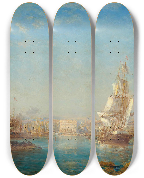 Triptych art skateboard deck of Flix Ziem The Entrance To The Canal Marseille by Felix Ziem (1821-1911)