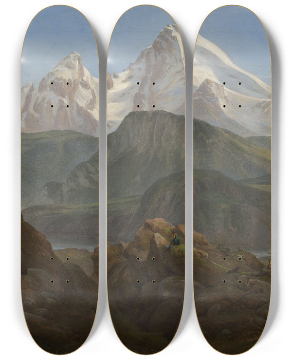 Triptych art skateboard deck of Johan Christian Dahl The Watzmann by Johan Christian Dahl (1788-1857)