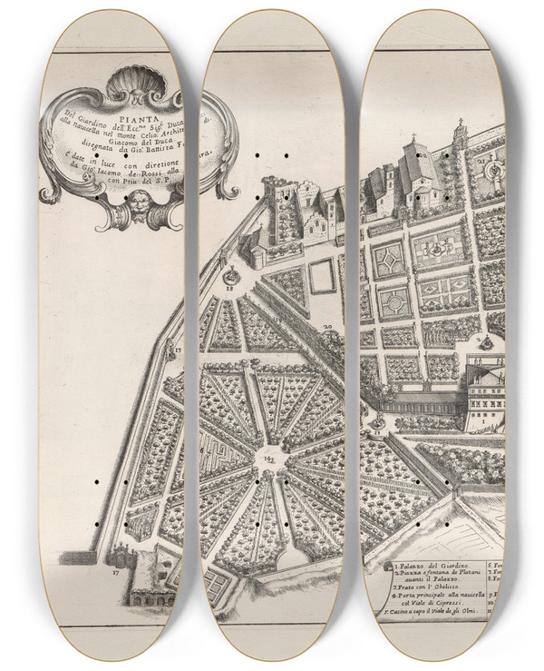 Triptych art skateboard deck of Giovanni Battista Falda Li Giardini Di Roma Con Le Loro Piante Alzate E Vedvte In Prospettiva Pl17 by Giovanni Battista Falda (1643-1678)