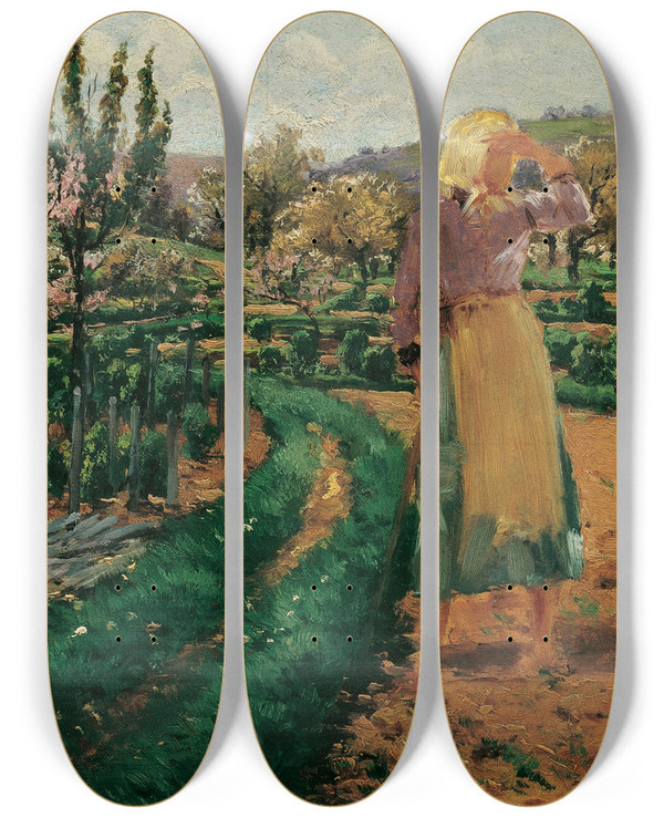Triptych art skateboard deck of Theodor Von Hrmann Mdchen Im Obstgarten by Theodor Von Hormann (1840-1895)