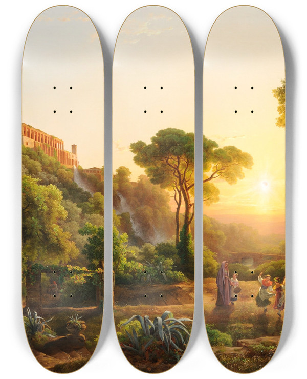 Triptych art skateboard deck of Kroly Mark Landscape At Tivoli With A Scene From The Grape Harvest by Karoly Marko (1791-1860)