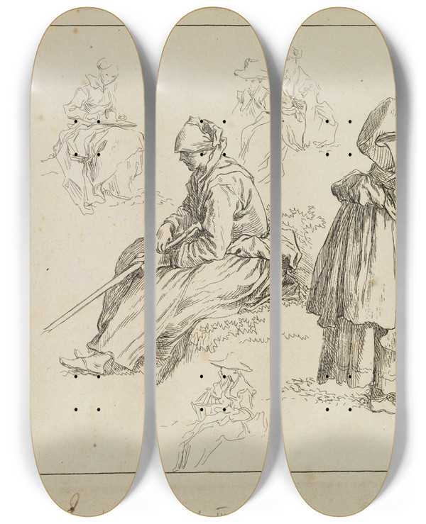 Triptych art skateboard deck of Franois Boucher Figure Studies_7 by Francois Boucher (1703-1770)